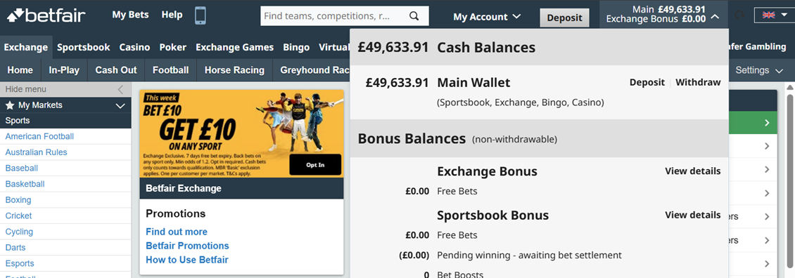 Betfair account showing main wallet balance of £49,633.91